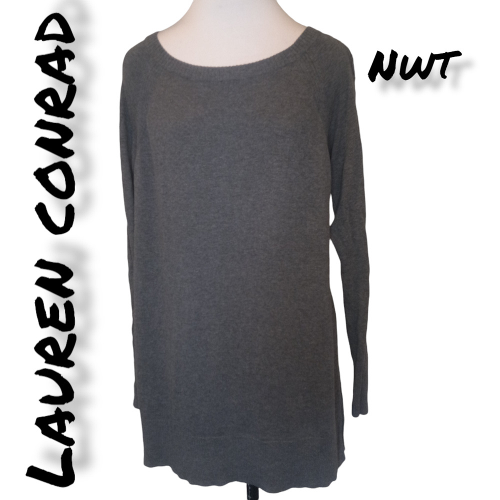 NWT Lauren Conrad Grey Sweater Crew Neck Long Sleeve Dress Tunic Medium - Picture 1 of 5